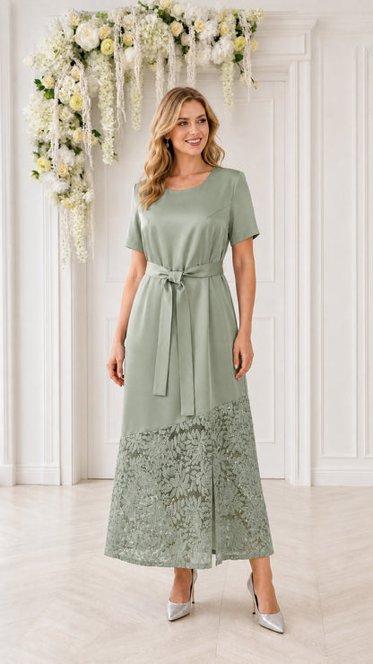 Model wearing sage green lace-trimmed midi dress