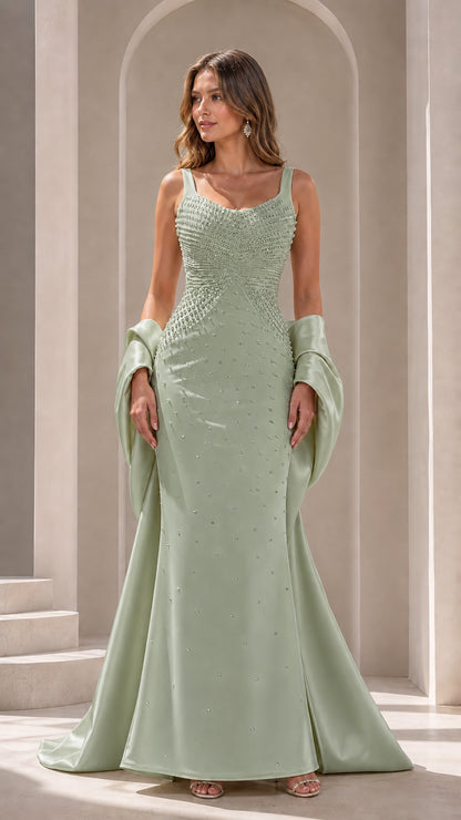 Sage Green scoop neck pearl-embellished floor-length evening gown with shawl