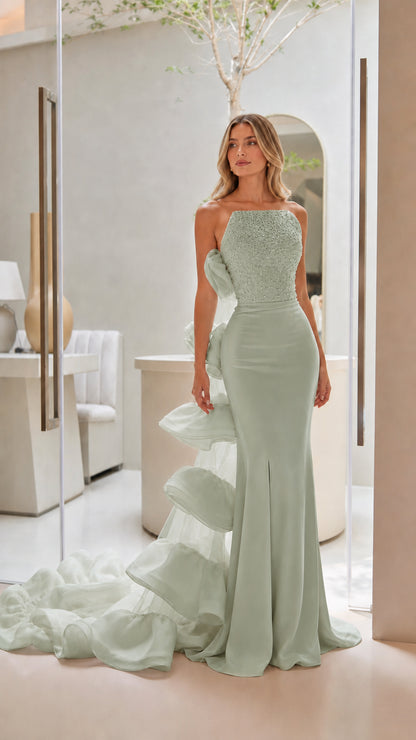 Sage green color variant of the sequin evening gown