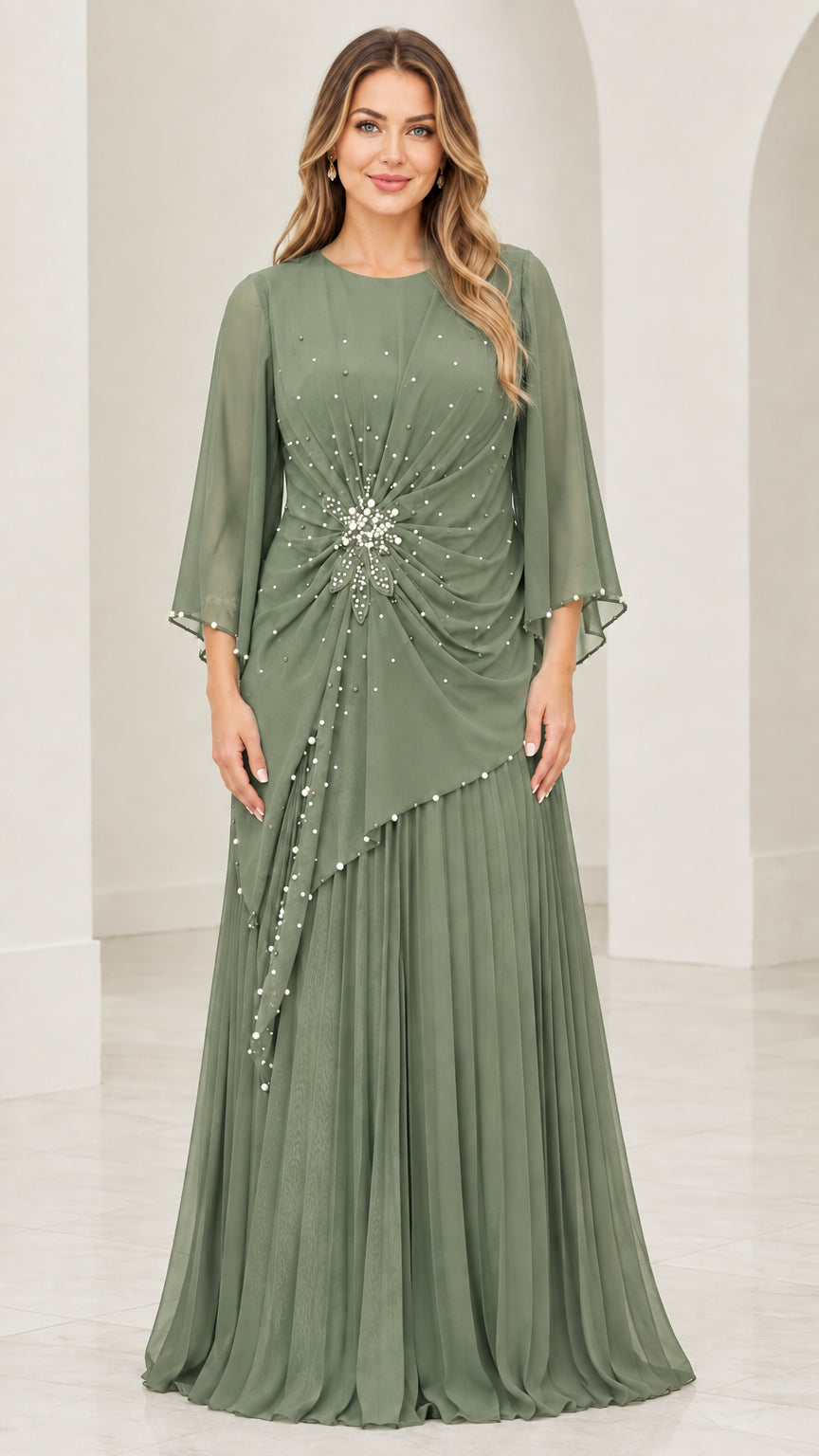 Front view of sage green beaded formal maxi dress with sheer flutter sleeves
