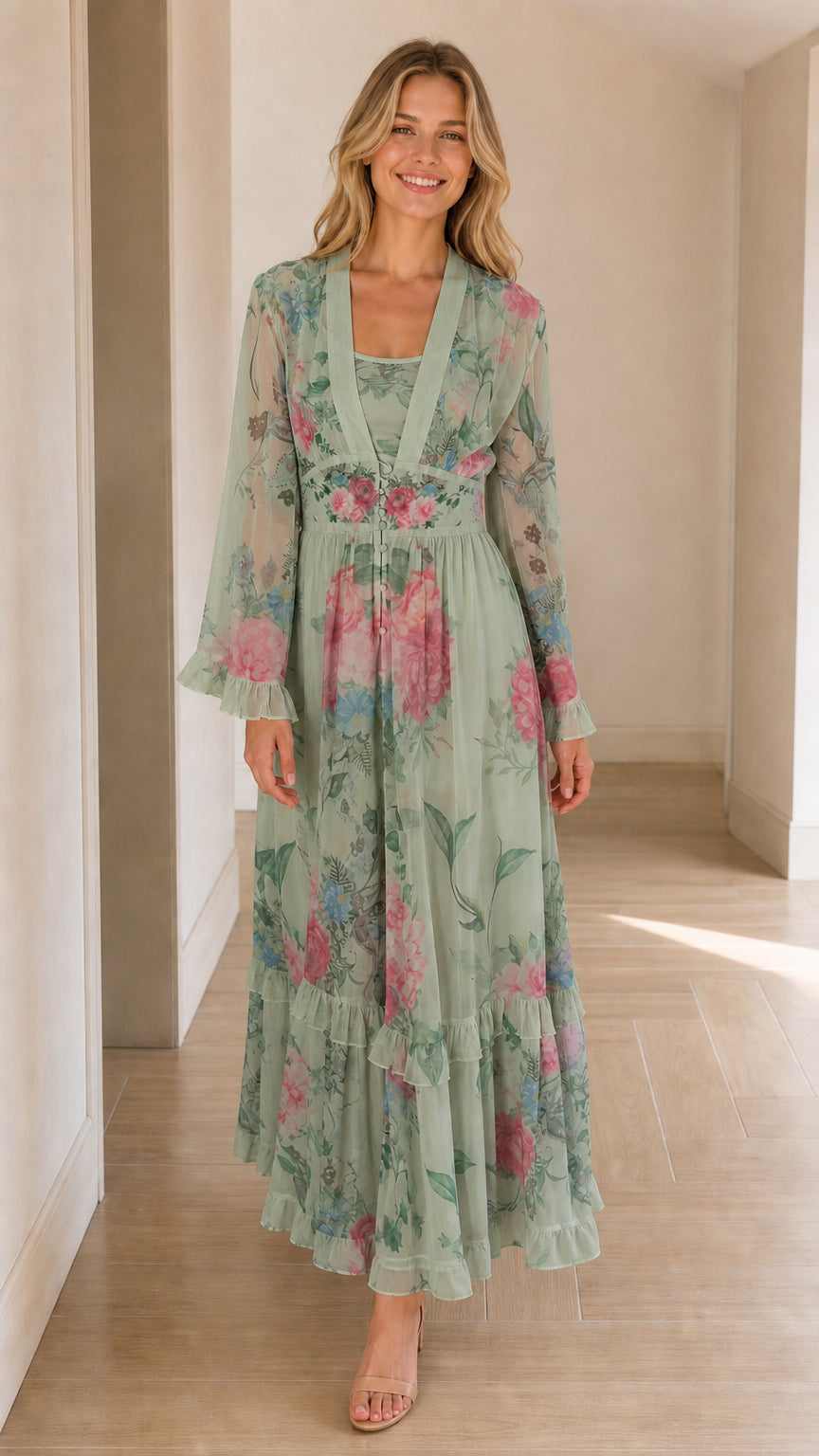 Full-length front view of sage green floral long sleeve tiered maxi dress