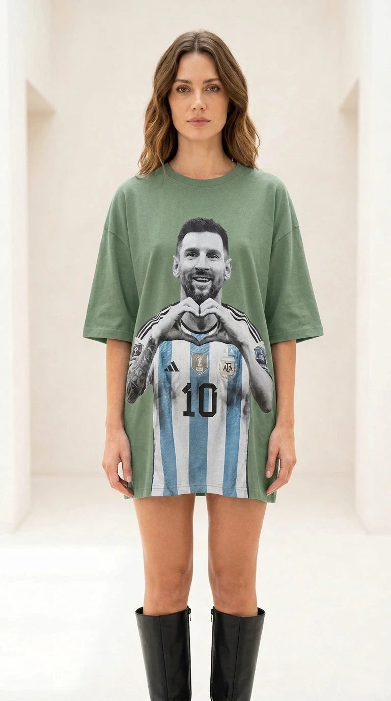 Front view of green color variant of graphic t-shirt dress
