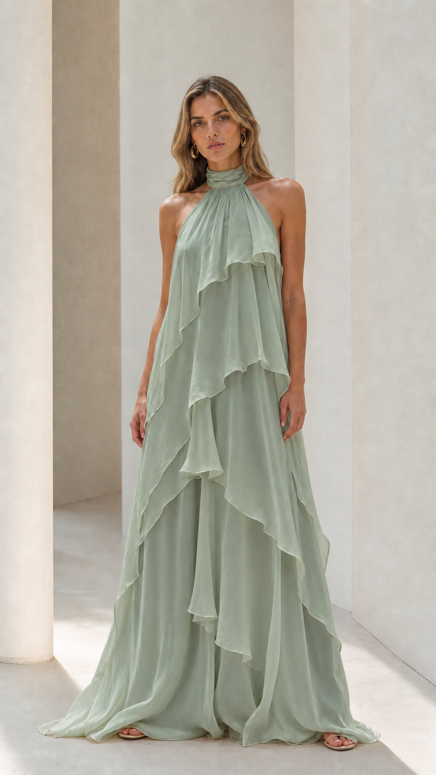 Sage green sleeveless tiered ruffle halter maxi dress