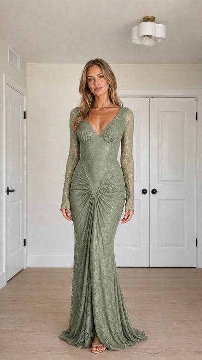 Front view of sage green long sleeve lace formal gown