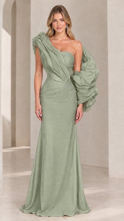Sage green formal evening gown featuring dramatic one-shoulder puff sleeve