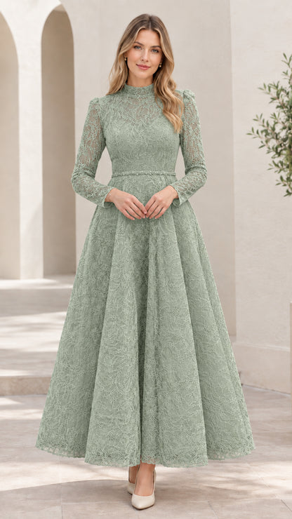 Front view of woman wearing sage green floral lace long sleeve maxi dress