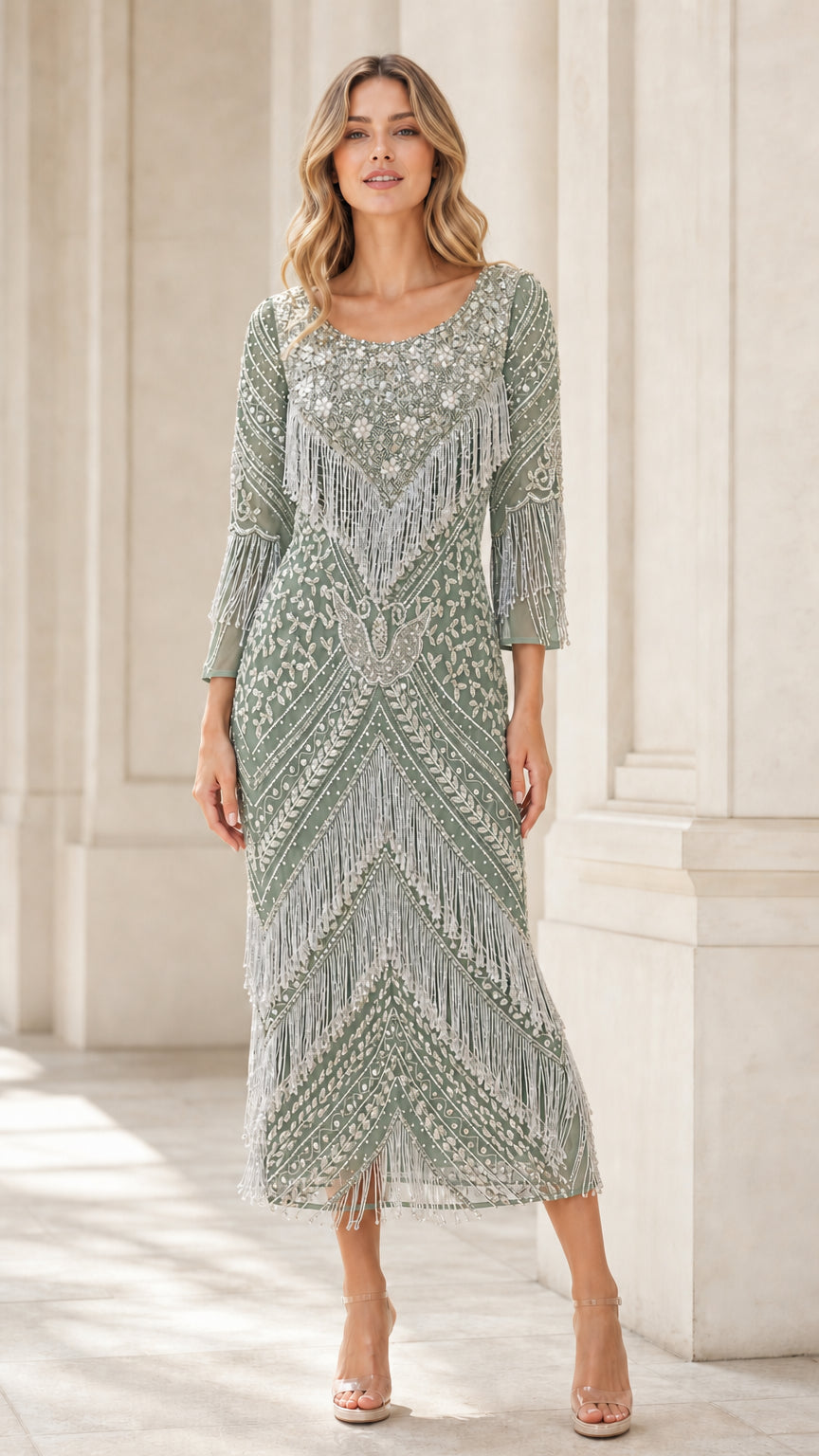 Sage green Art Deco beaded flapper midi dress with sheer sleeves