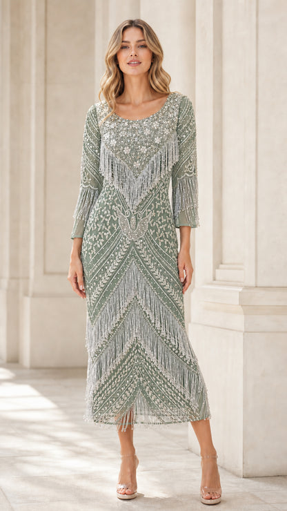 Sage green Art Deco beaded flapper midi dress with sheer sleeves