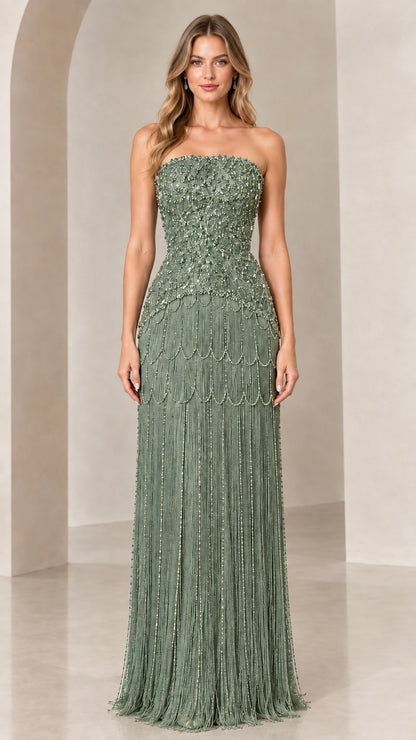 Front view of strapless beaded fringe evening gown in sage green