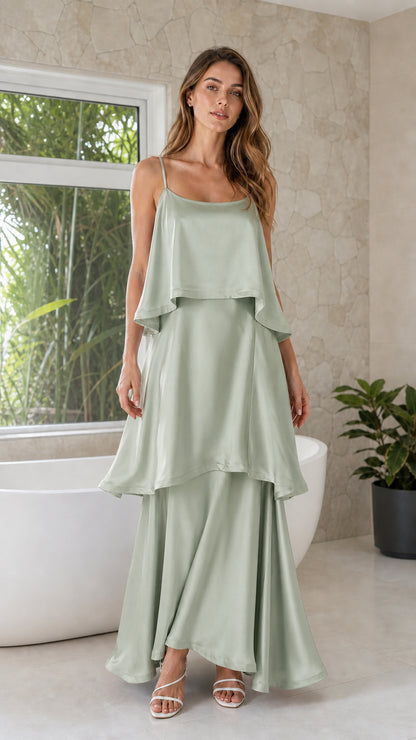 Sage green tiered satin cami formal maxi dress on model