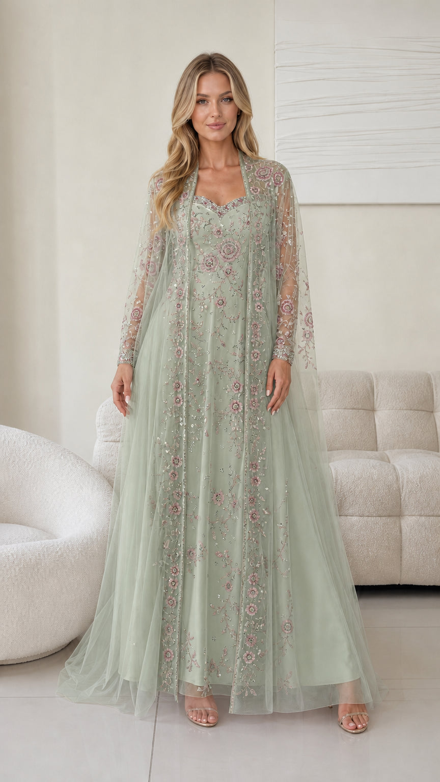 Front view of sage green embroidered tulle evening dress and jacket set