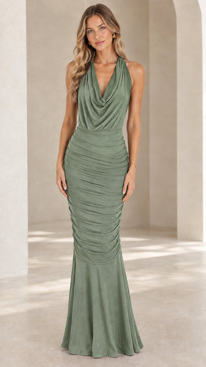 Front view of sage green cowl neck ruched halter mermaid maxi dress