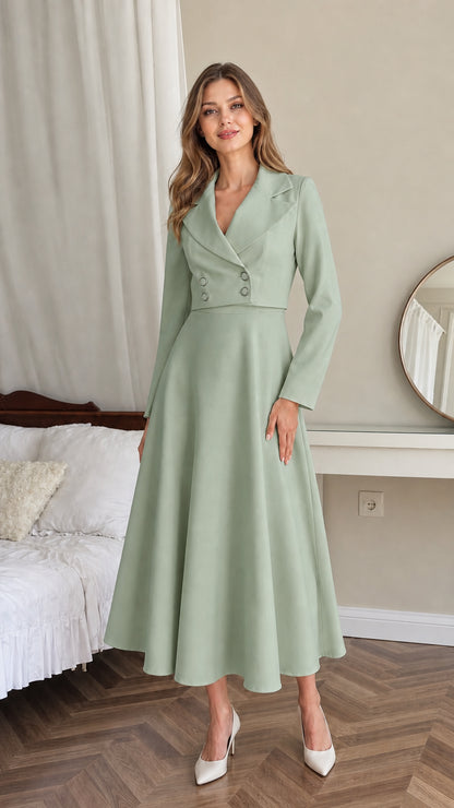 Front view of model wearing sage green double-breasted blazer midi dress