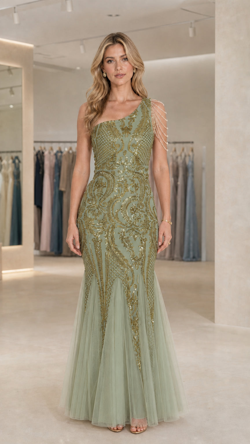 Sage green one-shoulder sequin formal mermaid gown with shoulder beadwork