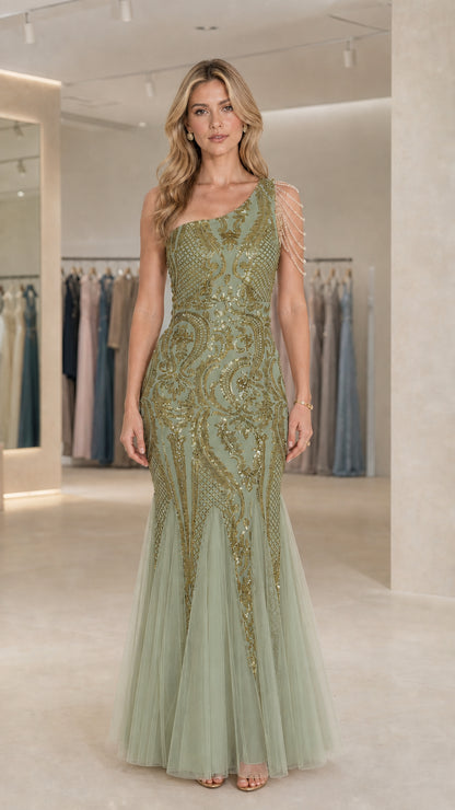 Sage green one-shoulder sequin formal mermaid gown with shoulder beadwork