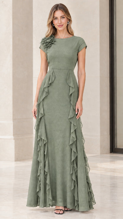 Front view of woman wearing sage green cap sleeve ruffle evening maxi dress