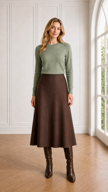 Model wearing sage green textured knit pullover with brown skirt