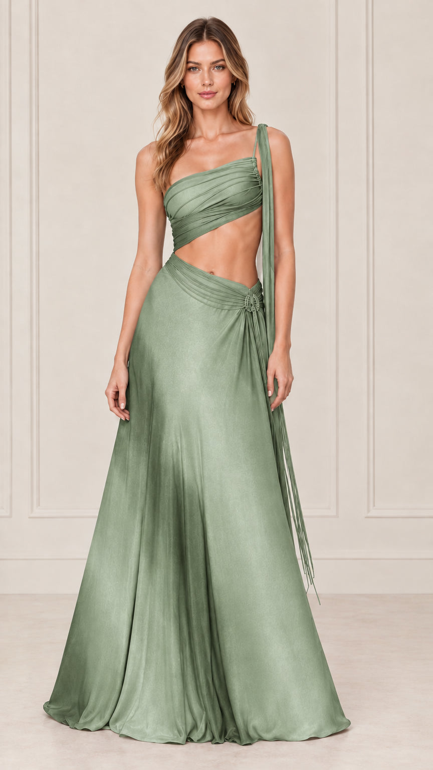 Front view of model wearing sage green one-shoulder cutout draped formal maxi dress