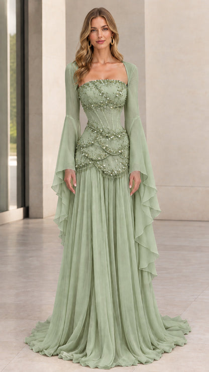 Full-length front view of sage green beaded corset maxi dress with dramatic sleeves