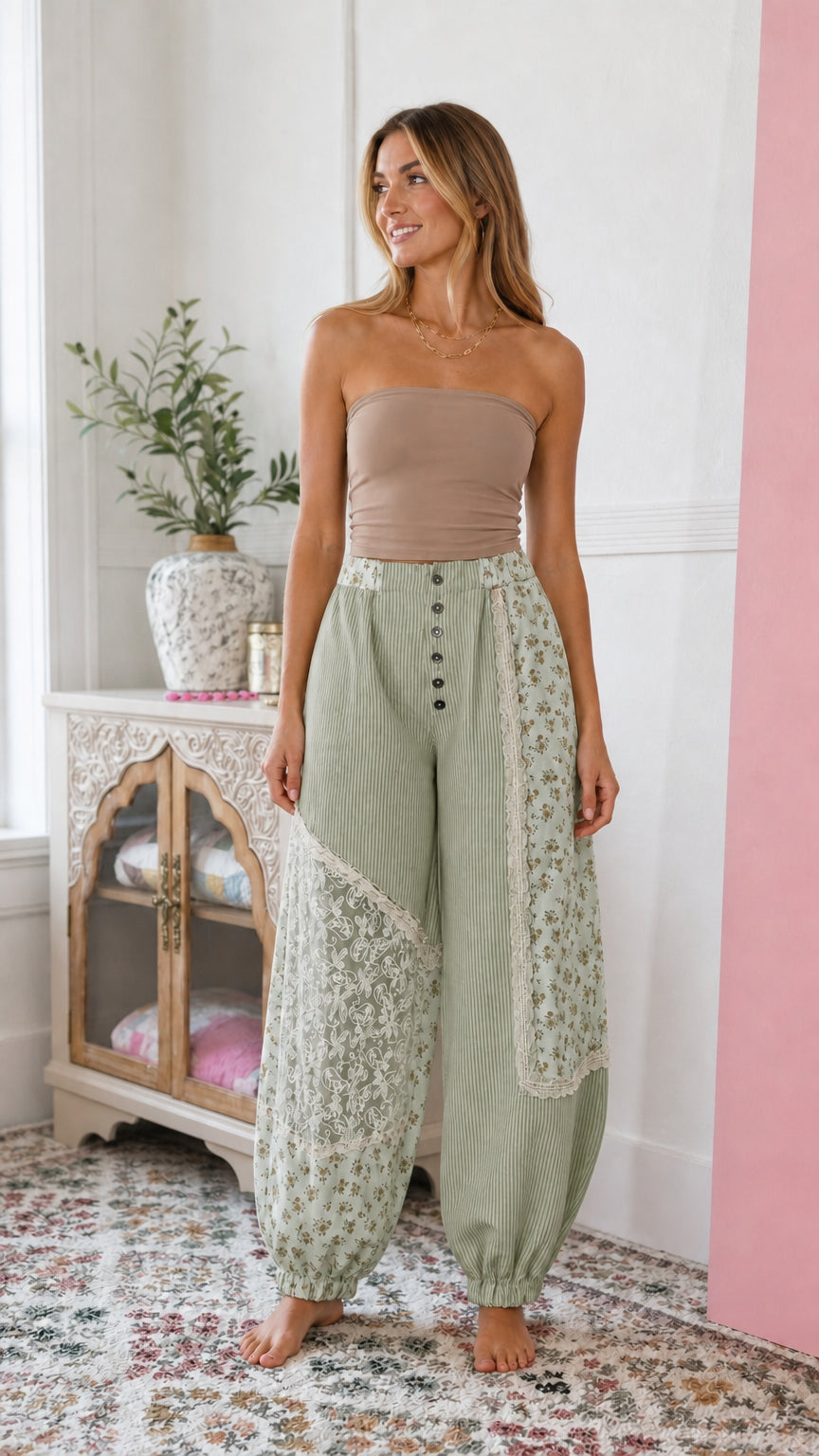 Sage green boho patchwork harem pants featuring vintage floral print and lace accents