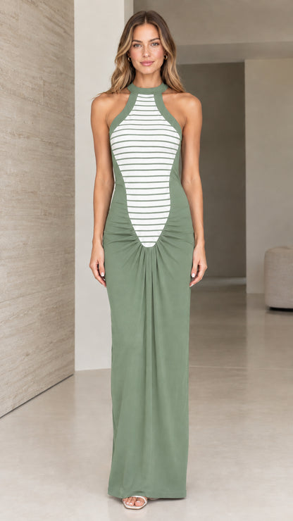 Full front view of sage green striped spliced halter neck maxi dress