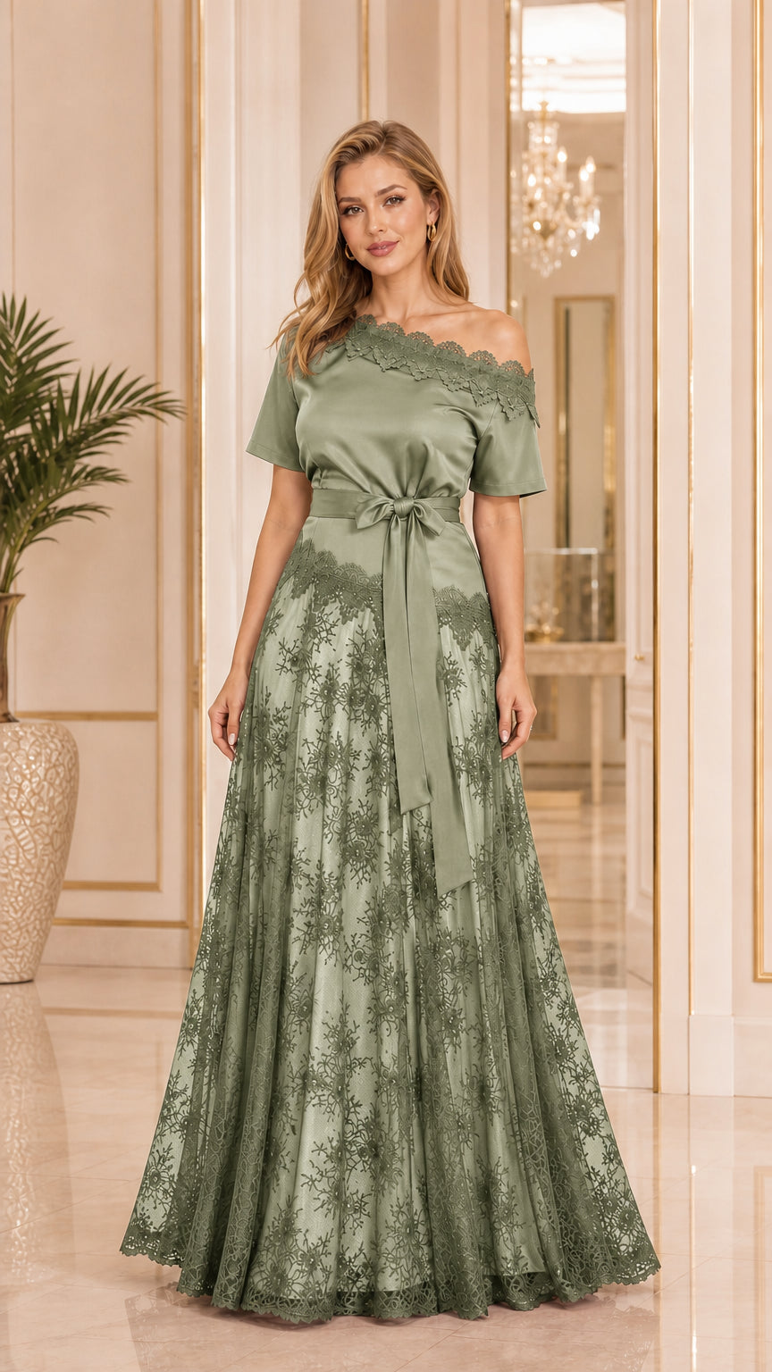 Sage green off the shoulder satin and lace evening maxi dress