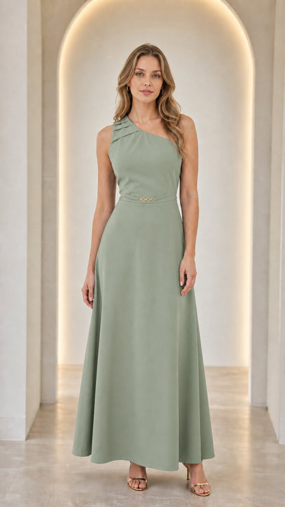 Woman wearing a sage green one-shoulder pleated maxi dress