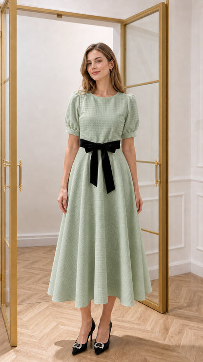 Sage green textured A-line midi dress with black velvet waist bow