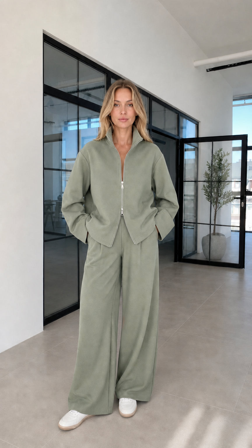 Woman wearing sage green lounge set