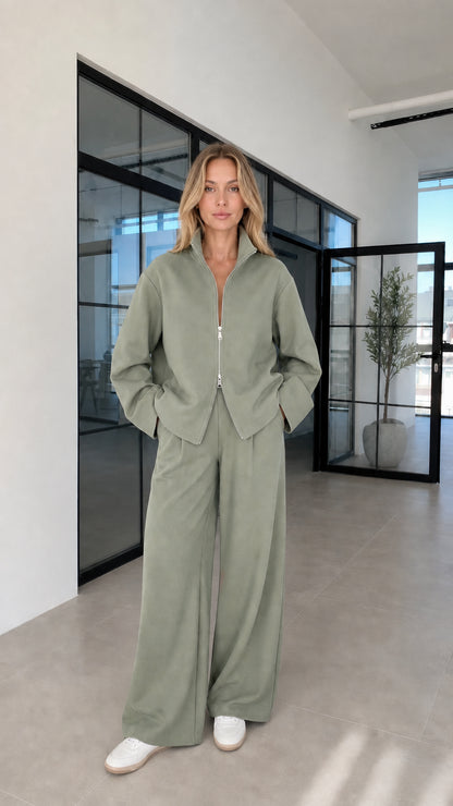Woman wearing sage green lounge set