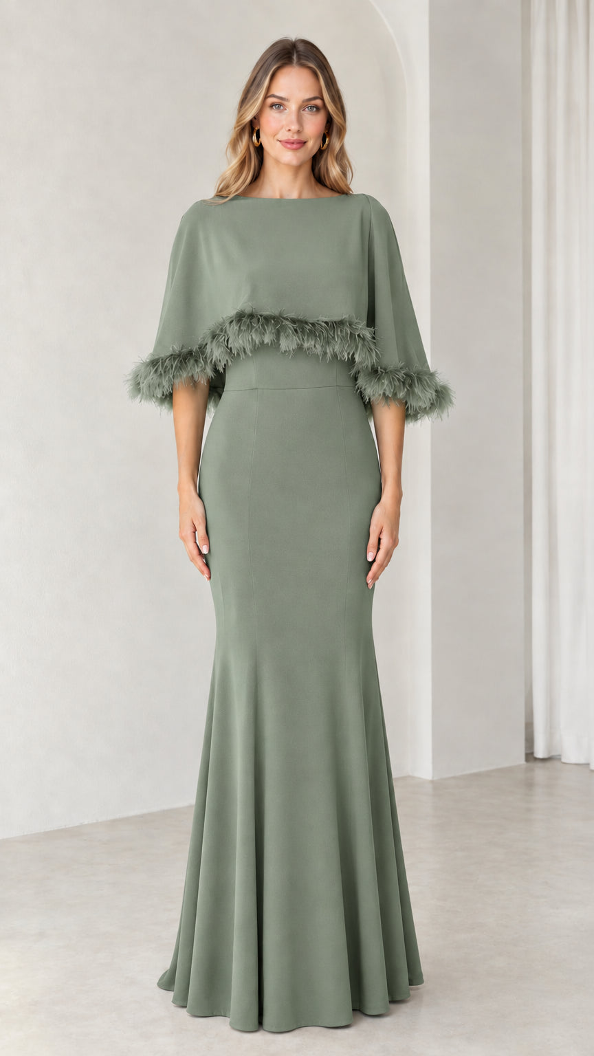 Sage green capelet mermaid formal dress with feather fringe