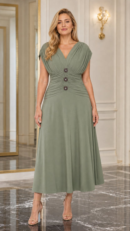 Front view of woman wearing Sage Green Pleated V-Neck Ruched Midi Dress