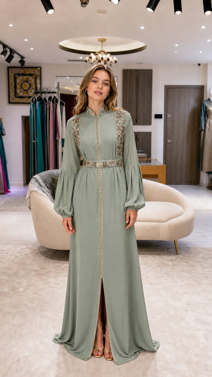 Model wearing sage green embellished bishop sleeve kaftan maxi dress