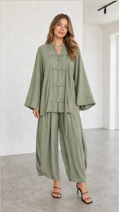 Women's sage green flowy two-piece oriental style top and lantern trousers set
