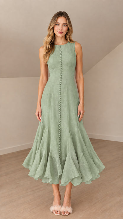Front view of model wearing sage green sleeveless button-front midi dress