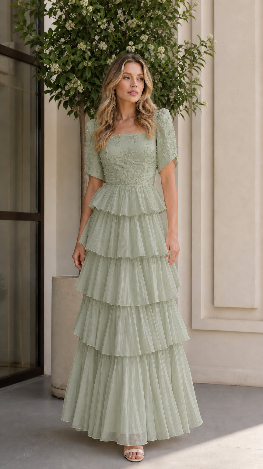 Sage green tiered tulle formal maxi dress with floral bodice