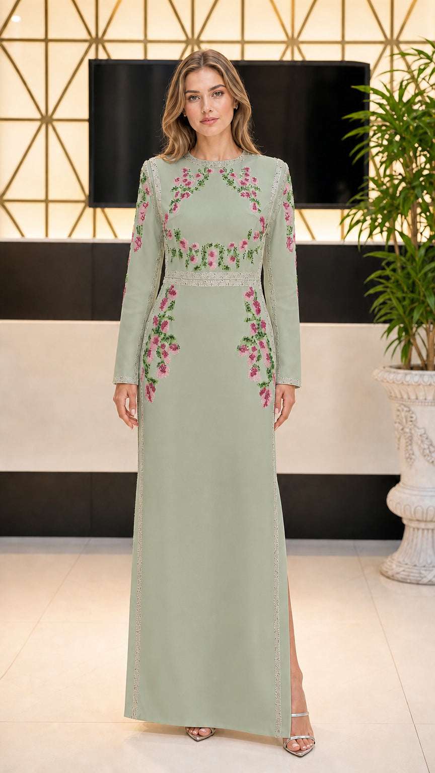 Front view of sage green long sleeve column maxi dress with floral embroidery