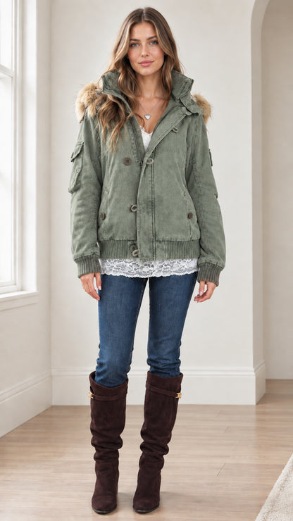 Front view of woman wearing Sage Green faux fur hooded utility bomber jacket