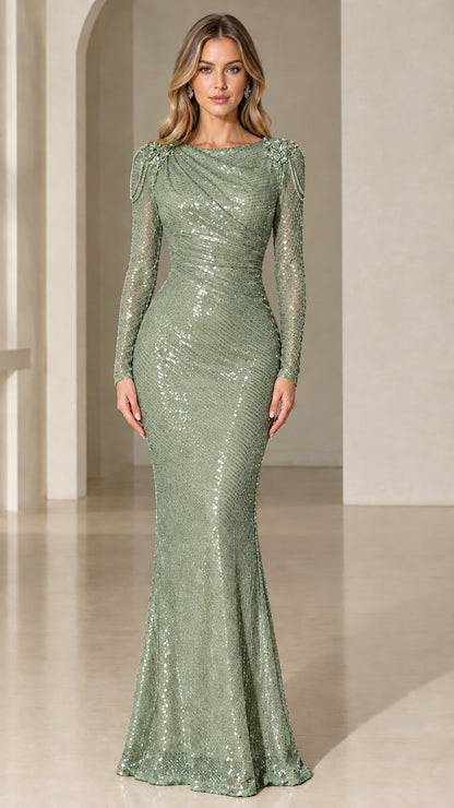 Model wearing sage green sequin long sleeve formal gown with beaded details