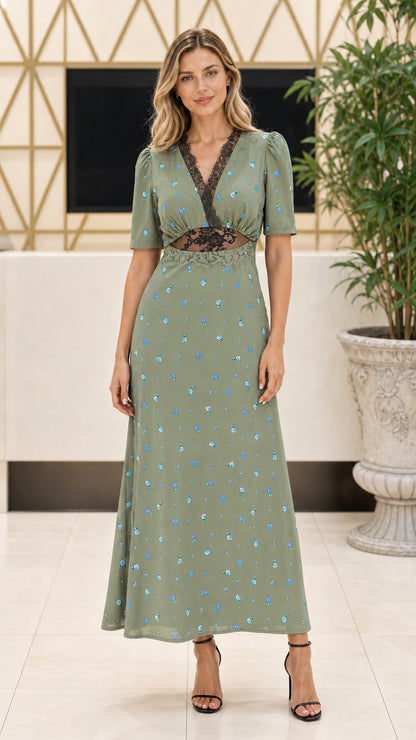 Model wearing Sage Green floral print maxi dress with black lace accents