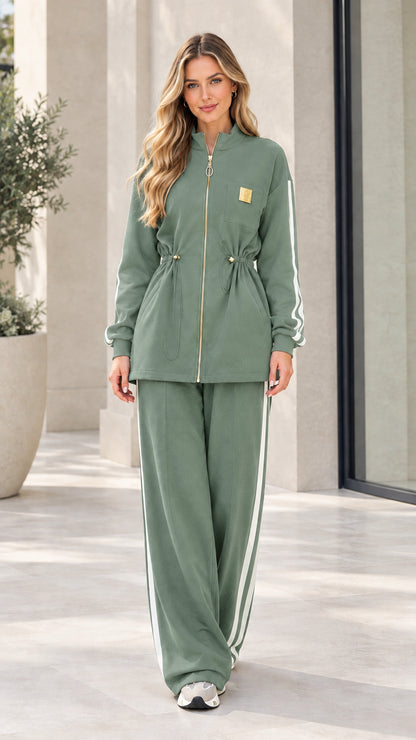 Women's sage green zip-up wide leg lounge set