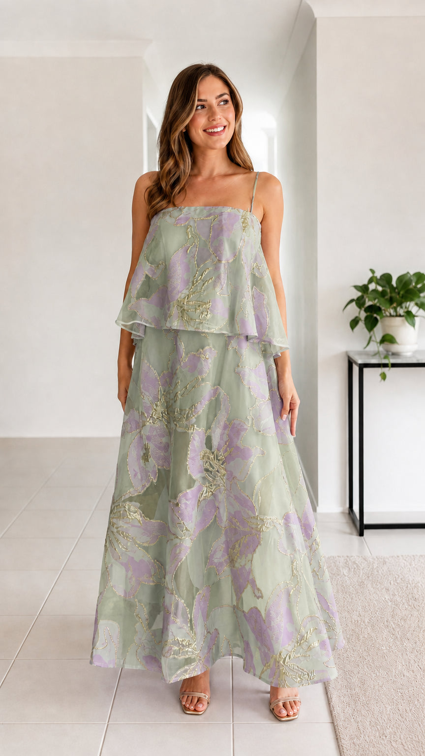 Front view of sage green metallic floral tiered cami maxi dress