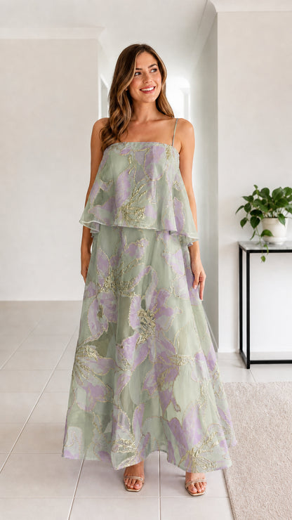 Front view of sage green metallic floral tiered cami maxi dress