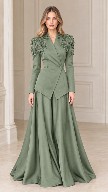 Sage green two-piece formal peplum blazer and sweeping maxi skirt set