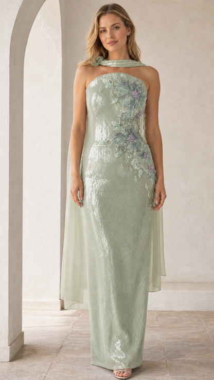 Sage green version of the floral applique sequin evening gown