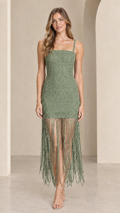 Model wearing sage green beaded midi party dress with cascading fringe