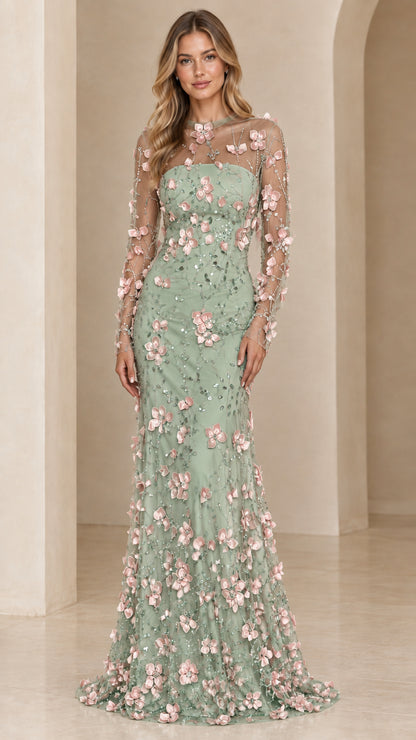 Sage green 3D floral embroidered sheer sleeve mermaid gown