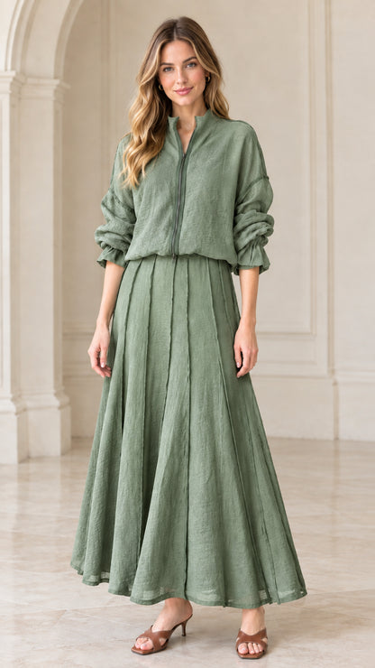 Full front view of sage green textured matching blouse and maxi skirt set