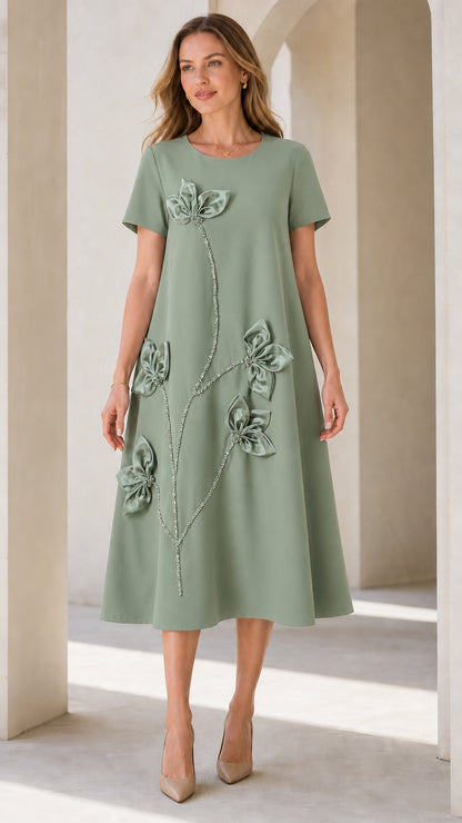 Sage Green 3D floral applique short sleeve A-line midi dress