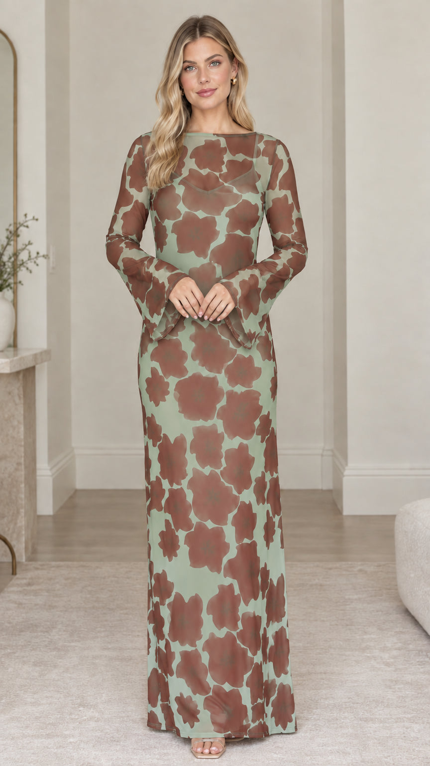 Front view of floral print boat neck maxi dress in Sage Green